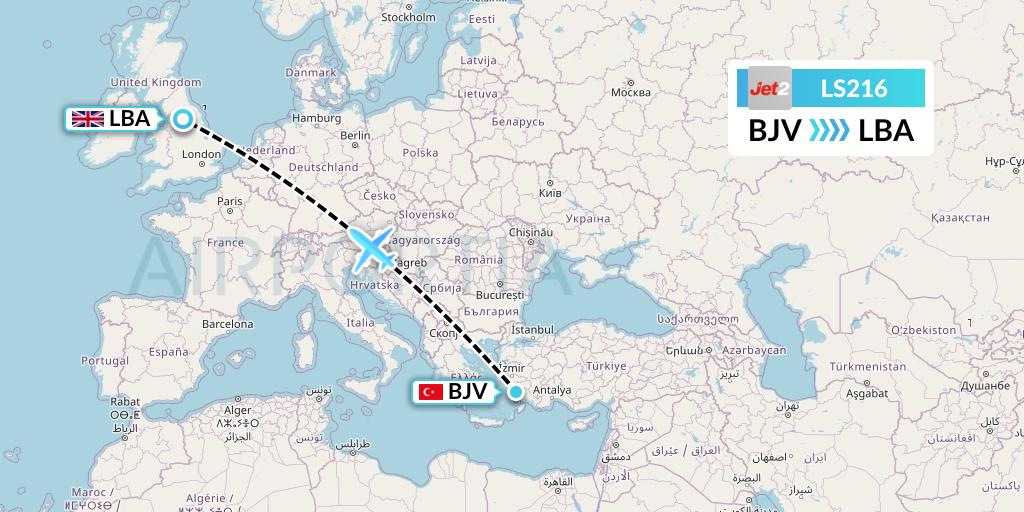 LS216 Jet2 Flight Map: Bodrum to Leeds