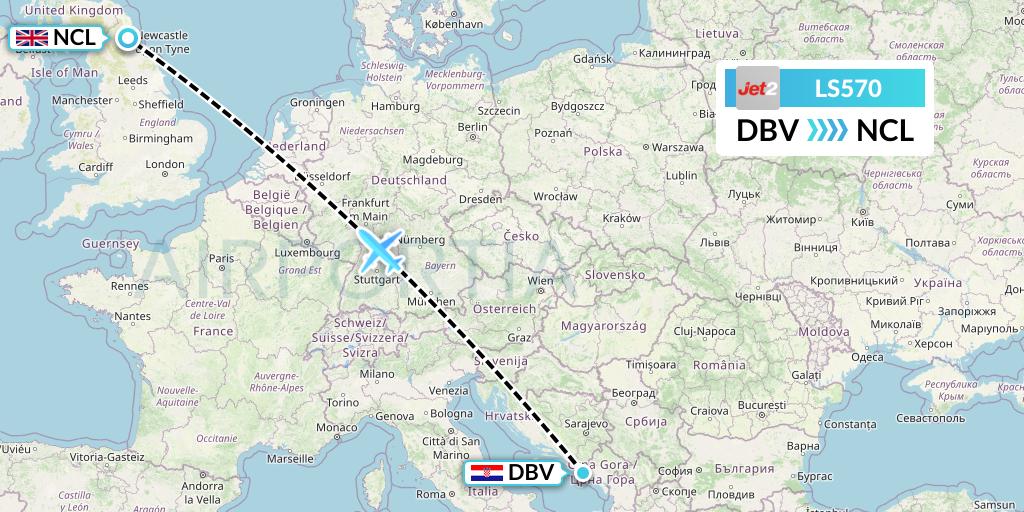 LS570 Jet2 Flight Map: Dubrovnik to Newcastle
