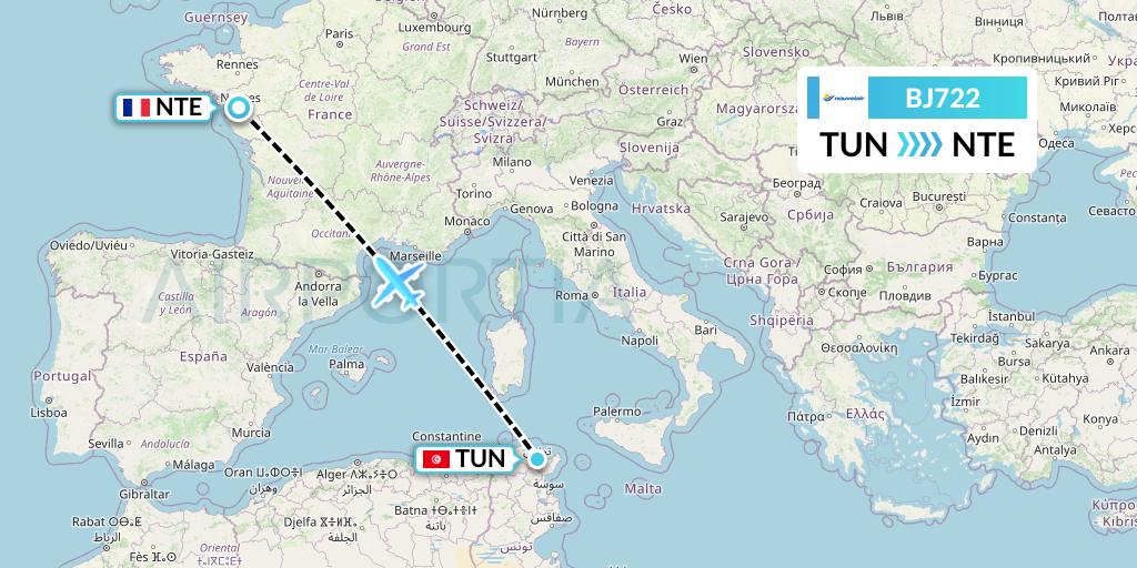 BJ722 Nouvelair Tunisie Flight Map: Tunis to Nantes