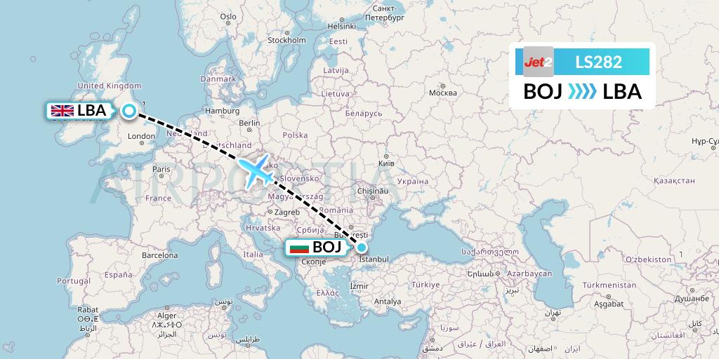 LS282 Jet2 Flight Map: Burgas to Leeds