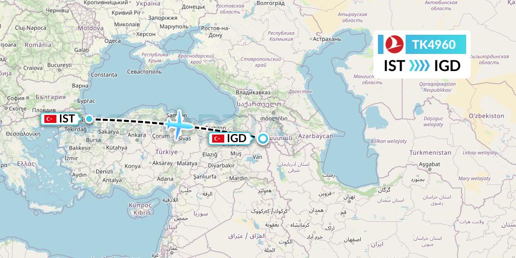 TK4960 Turkish Airlines Flight Map: Istanbul to Igdir