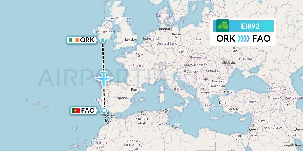 EI892 Aer Lingus Flight Map: Cork to Faro