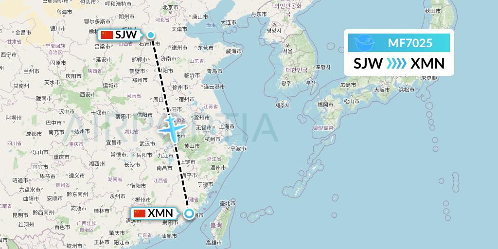 MF7025 Xiamen Airlines Flight Map: Shijiazhuang to Xiamen