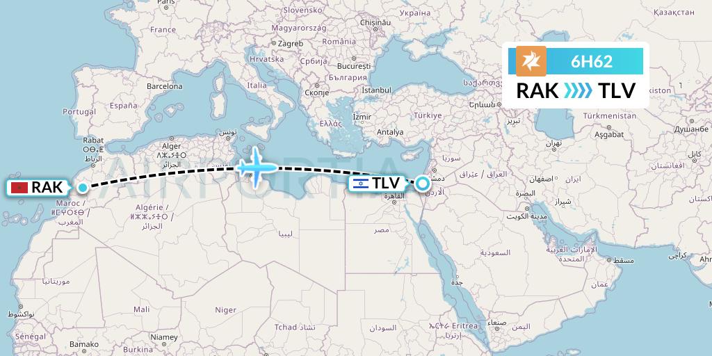 6H62 Israir Airlines Flight Map: Marrakesh to Tel Aviv