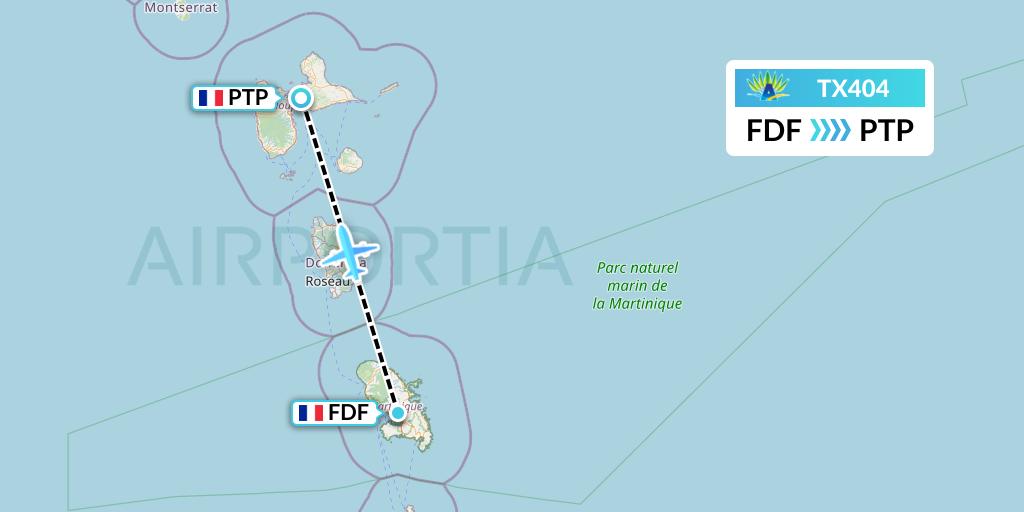 TX404 Air Caraibes Flight Map: Fort-de-France to Pointe-a-Pitre