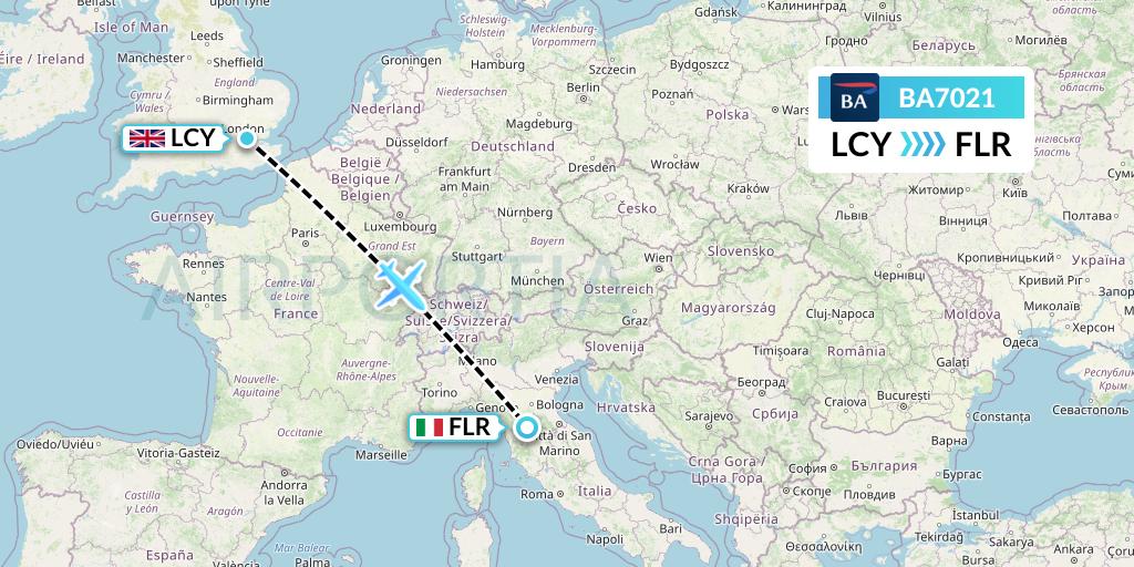 BA7021 British Airways Flight Map: London to Florence