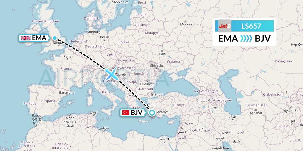 LS657 Jet2 Flight Map: East Midlands to Bodrum