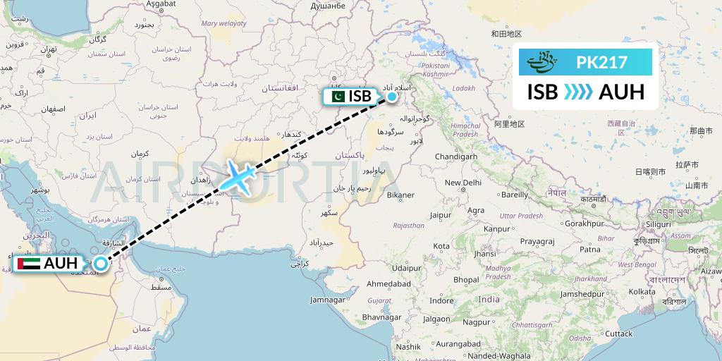 PK217 Pakistan International Airlines Flight Map: Islamabad to Abu Dhabi