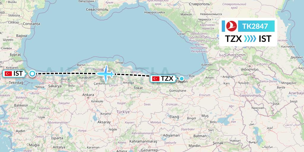 TK2847 Turkish Airlines Flight Map: Trabzon to Istanbul