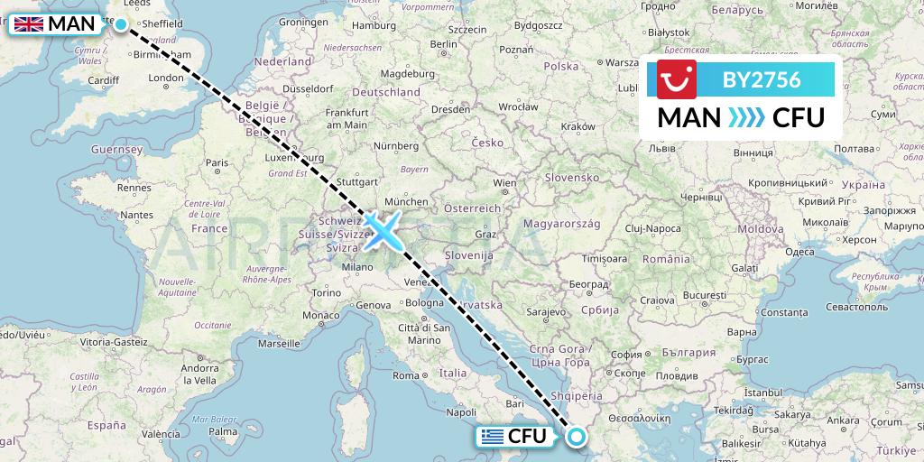 BY2756 TUI Airways Flight Map: Manchester to Corfu