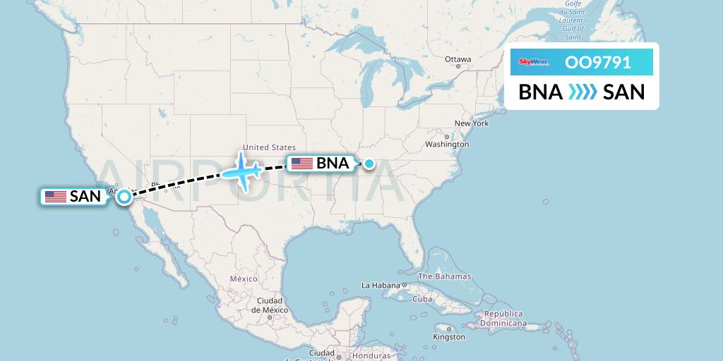 OO9791 SkyWest Airlines Flight Map: Nashville to San Diego