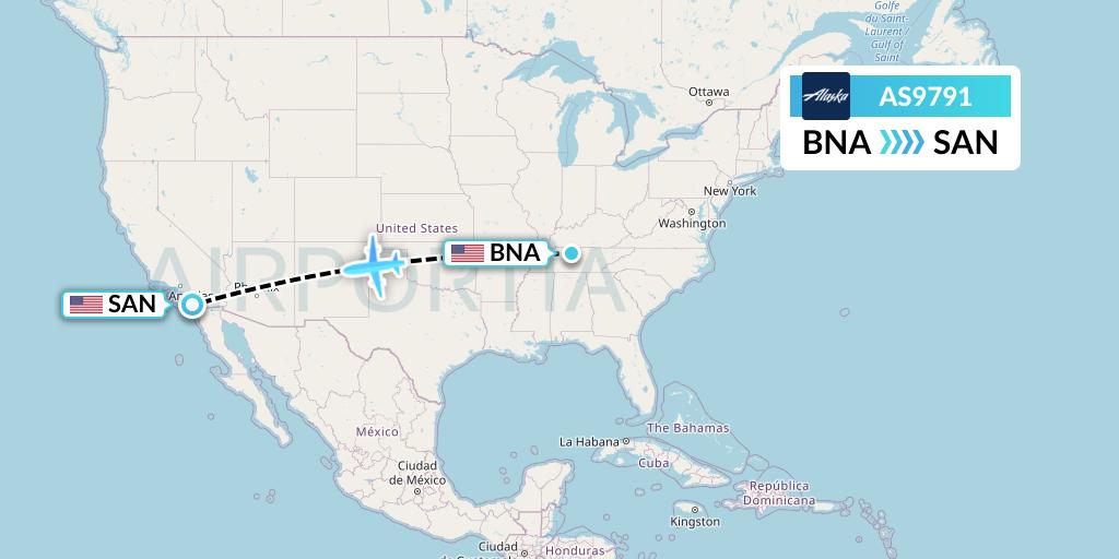 AS9791 Alaska Airlines Flight Map: Nashville to San Diego