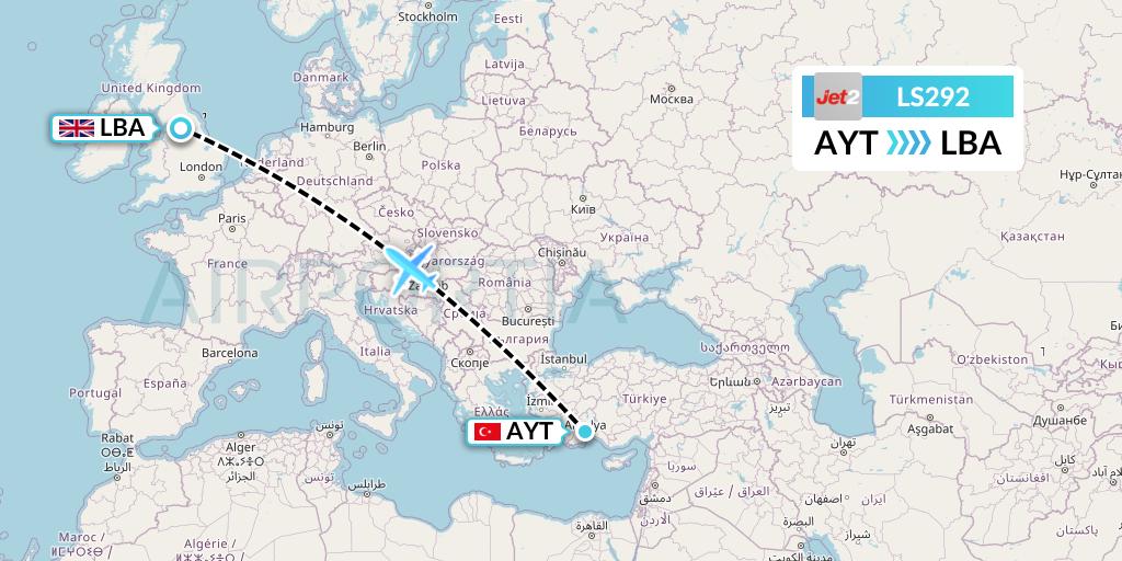LS292 Jet2 Flight Map: Antalya to Leeds