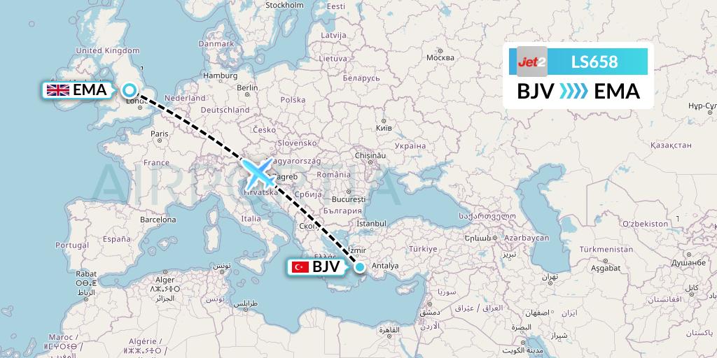 LS658 Jet2 Flight Map: Bodrum to East Midlands