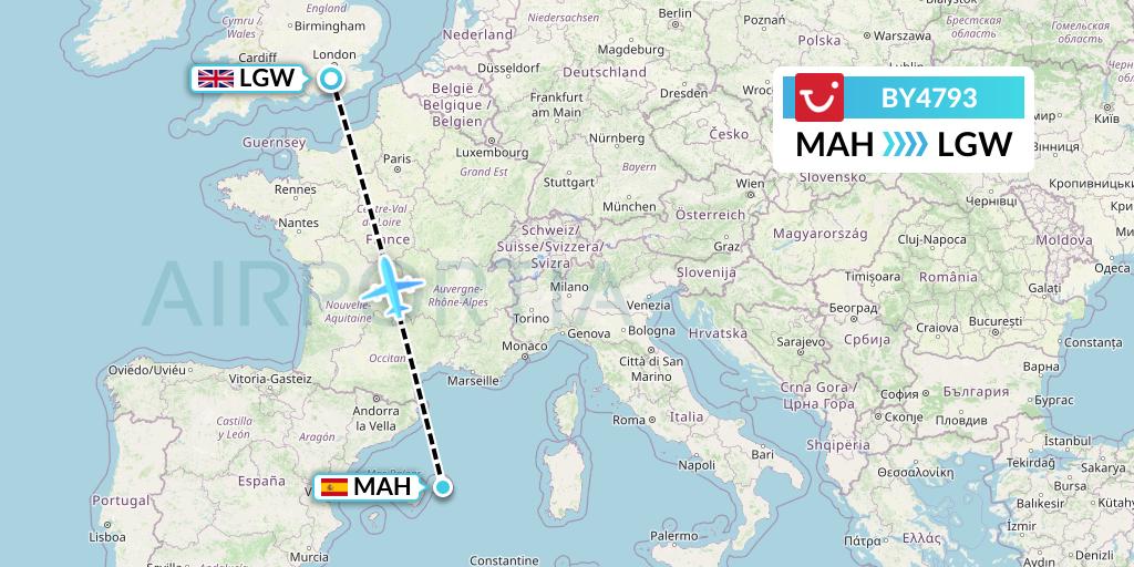 BY4793 TUI Airways Flight Map: Mahon to London