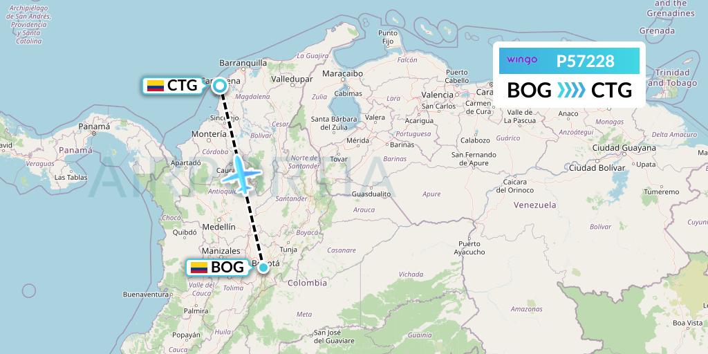 P57228 Copa Airlines Colombia Flight Map: Bogota to Cartagena