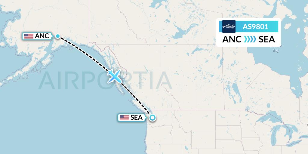 AS9801 Alaska Airlines Flight Map: Anchorage to Seattle