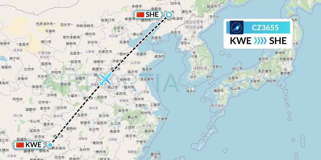 CZ3655 China Southern Airlines Flight Map: Guiyang to Shenyang