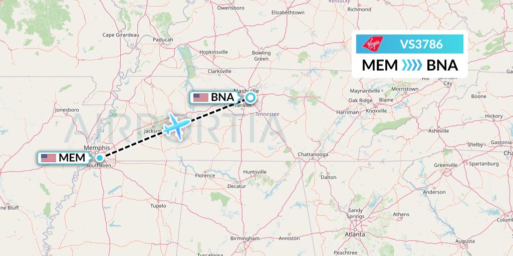 VS3786 Virgin Atlantic Airways Flight Map: Memphis to Nashville