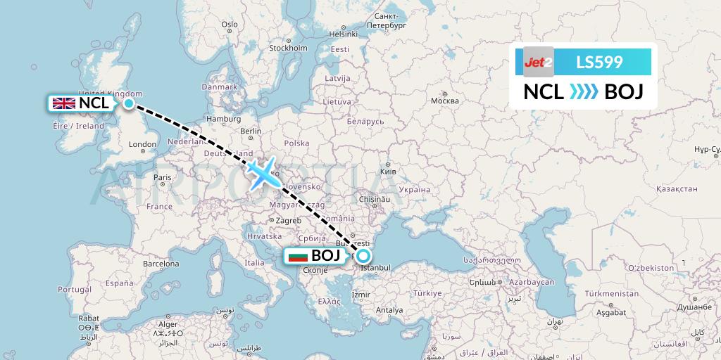 LS599 Jet2 Flight Map: Newcastle to Burgas