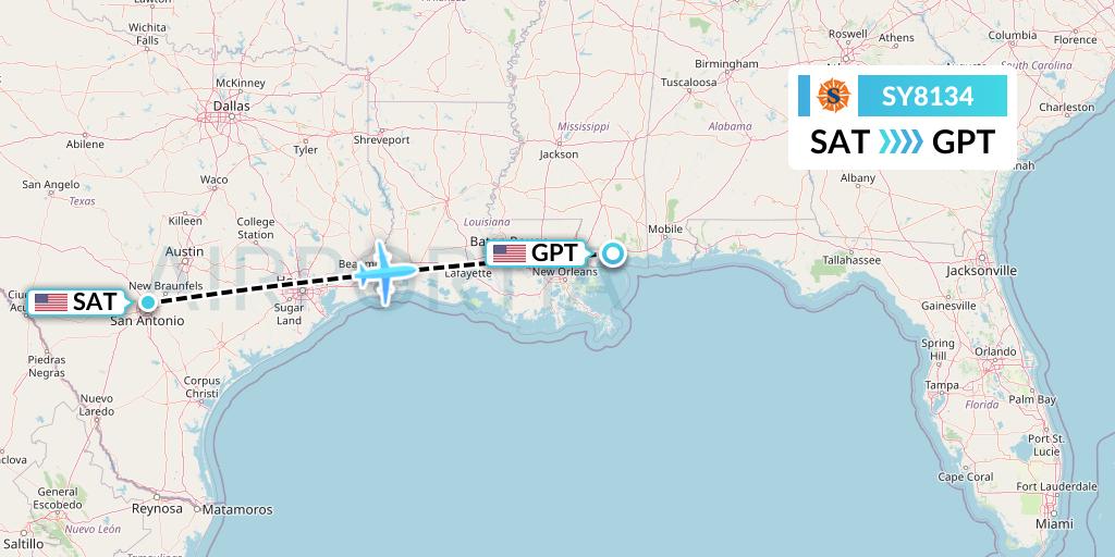 SY8134 Sun Country Airlines Flight Map: San Antonio to Gulfport