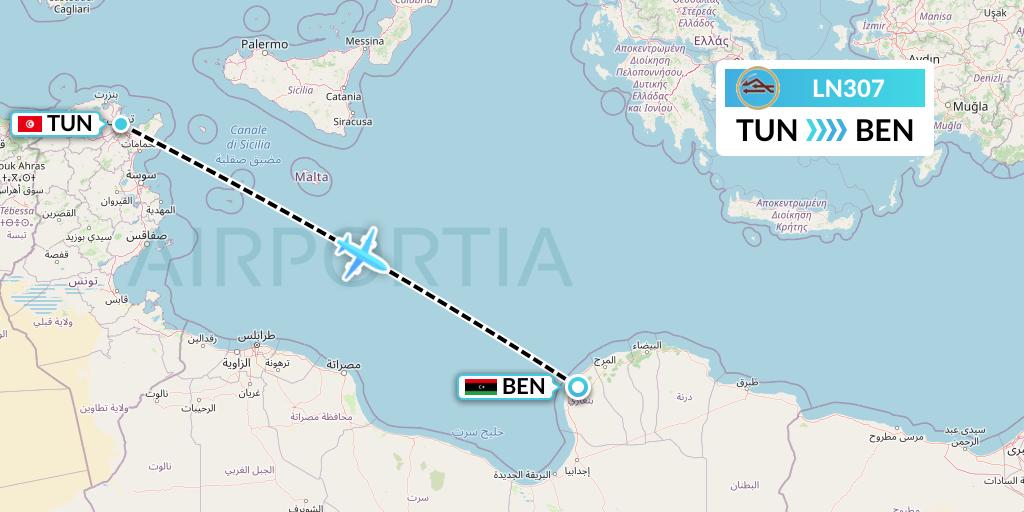 LN307 Libyan Airlines Flight Map: Tunis to Benghazi