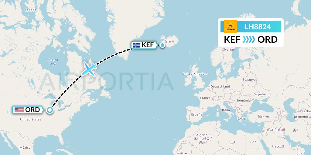 LH8824 Lufthansa Flight Map: Reykjavik to Chicago