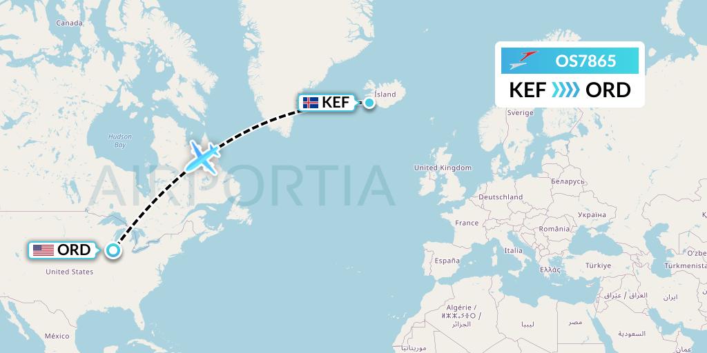 OS7865 Austrian Airlines Flight Map: Reykjavik to Chicago
