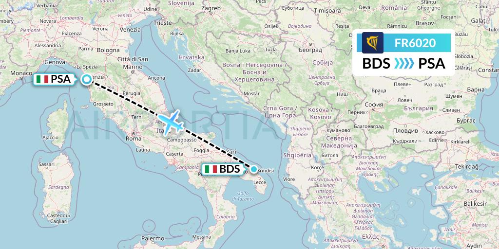 FR6020 Ryanair Flight Map: Brindisi to Pisa