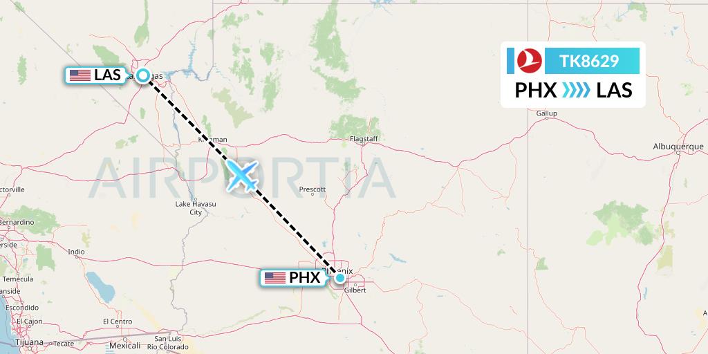 TK8629 Turkish Airlines Flight Map: Phoenix to Las Vegas