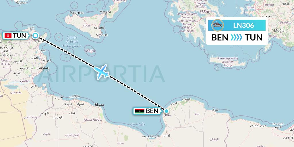 LN306 Libyan Airlines Flight Map: Benghazi to Tunis