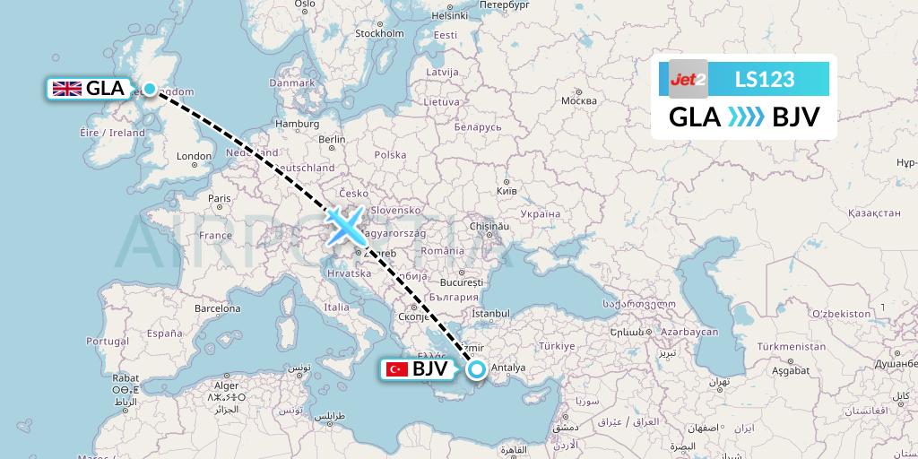 LS123 Jet2 Flight Map: Glasgow to Bodrum