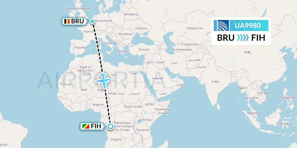 UA9980 United Airlines Flight Map: Brussels to Kinshasa