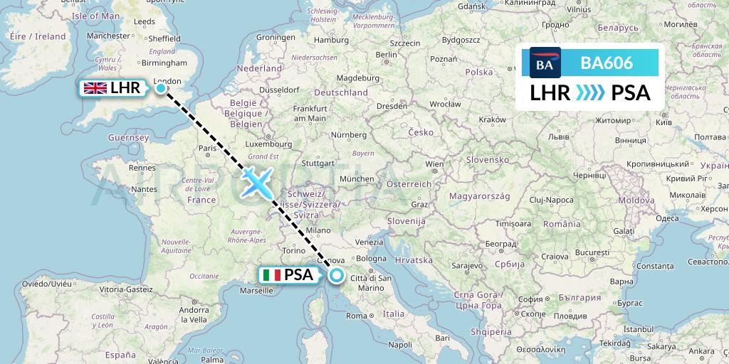 BA606 British Airways Flight Map: London to Pisa