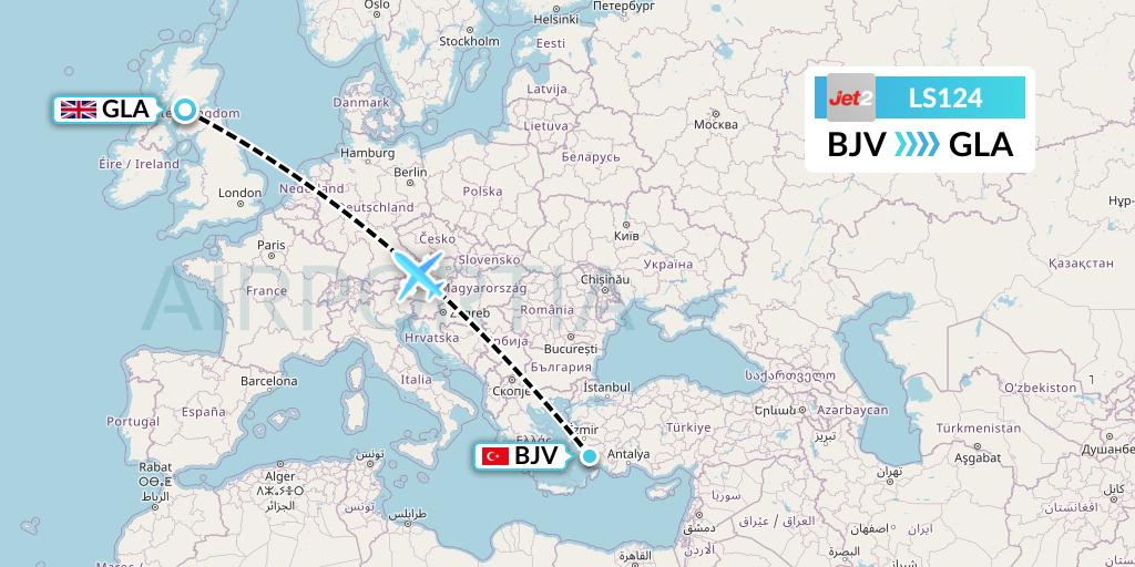LS124 Jet2 Flight Map: Bodrum to Glasgow
