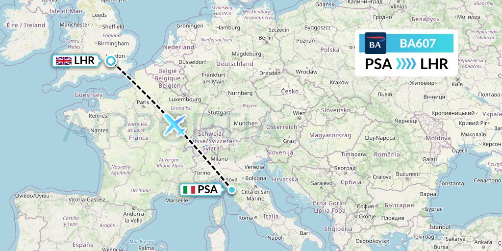 BA607 British Airways Flight Map: Pisa to London