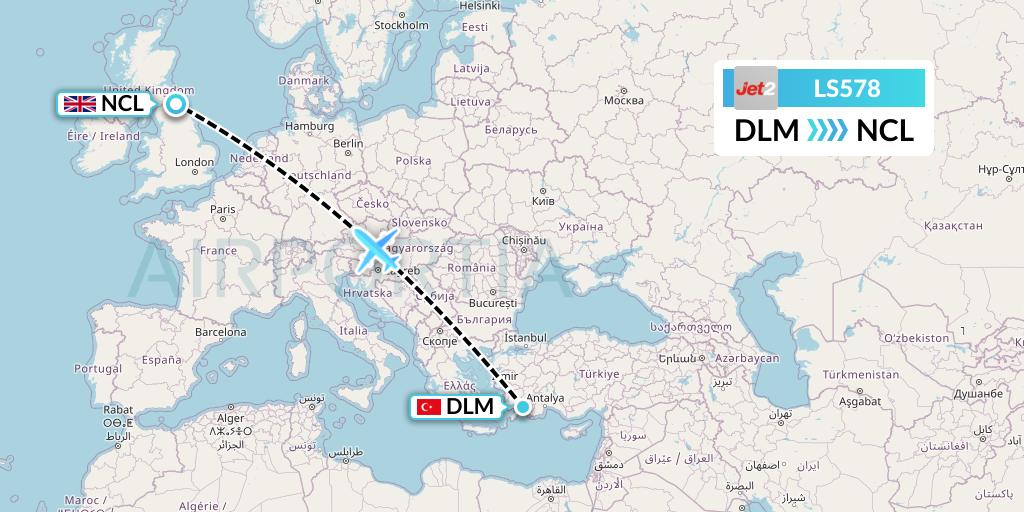 LS578 Jet2 Flight Map: Dalaman to Newcastle