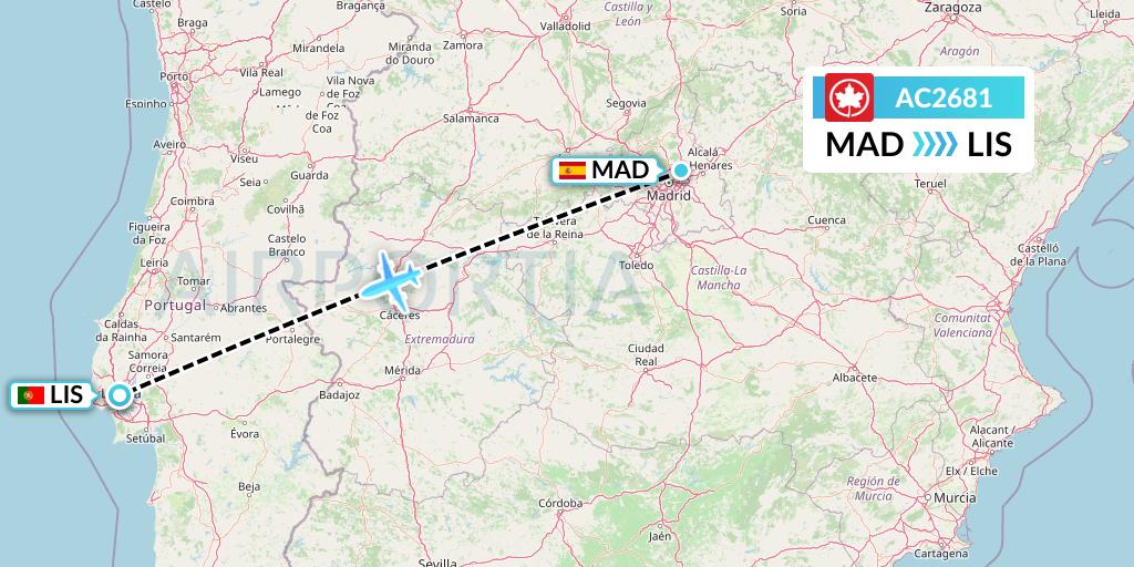 AC2681 Air Canada Flight Map: Madrid to Lisbon
