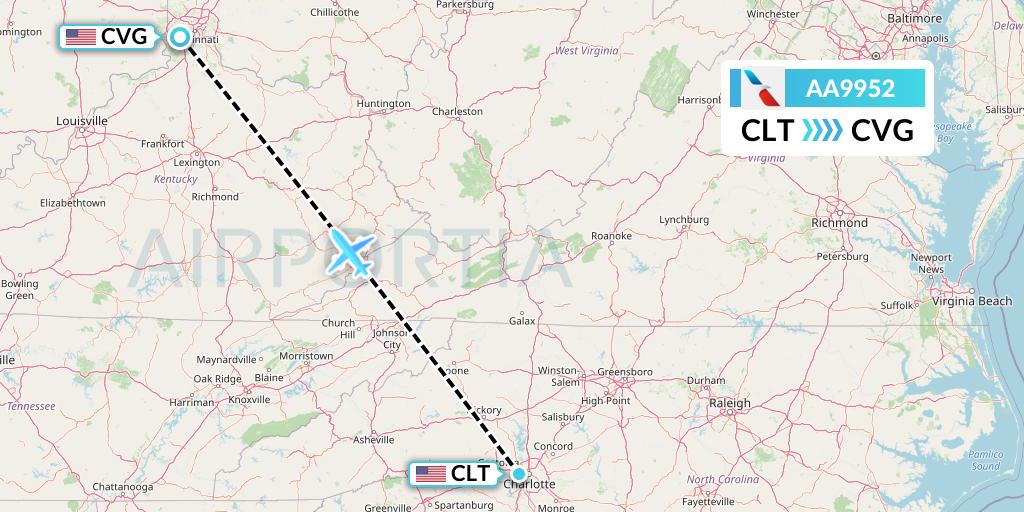 AA9952 American Airlines Flight Map: Charlotte to Cincinnati