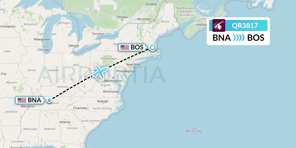 QR3817 Qatar Airways Flight Map: Nashville to Boston