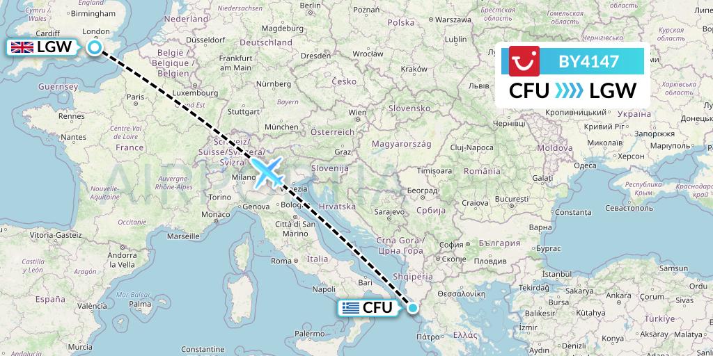BY4147 TUI Airways Flight Map: Corfu to London