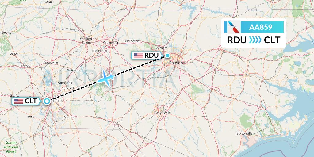 AA859 American Airlines Flight Map: Raleigh-Durham to Charlotte