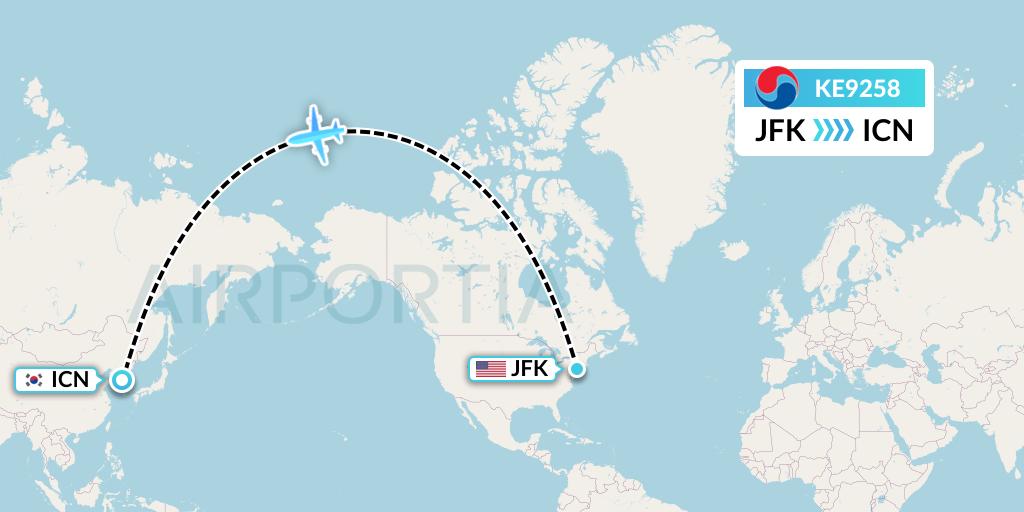 KE9258 Korean Air Flight Map: New York to Seoul