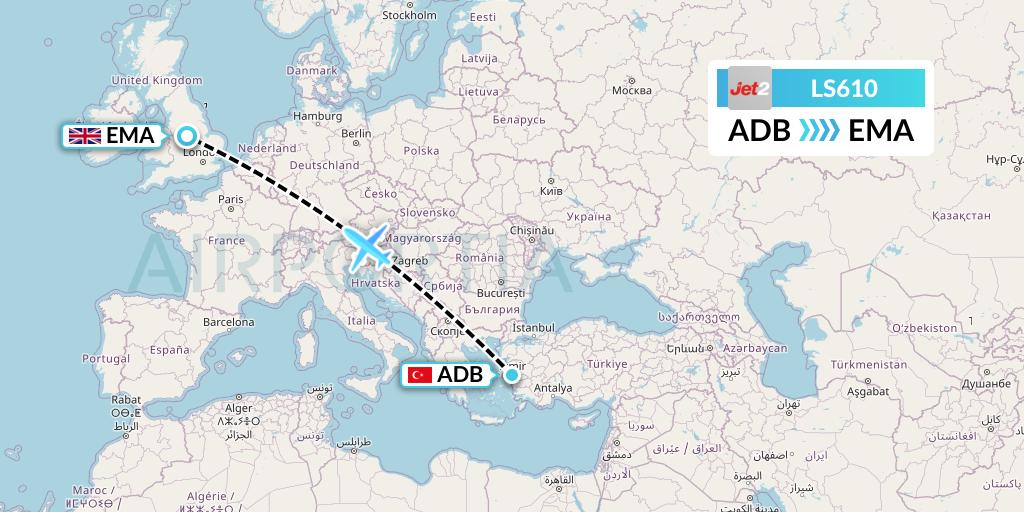 LS610 Jet2 Flight Map: Izmir to East Midlands