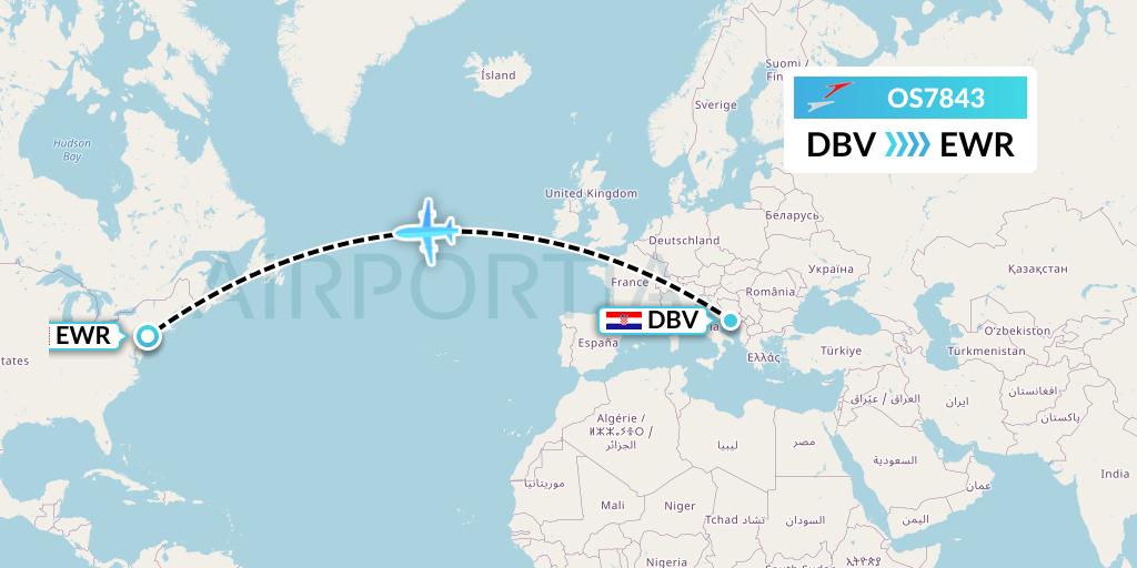 OS7843 Austrian Airlines Flight Map: Dubrovnik to New York