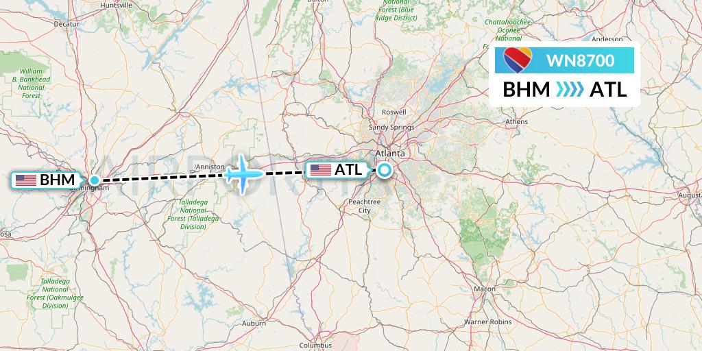 WN8700 Southwest Airlines Flight Map: Birmingham to Atlanta
