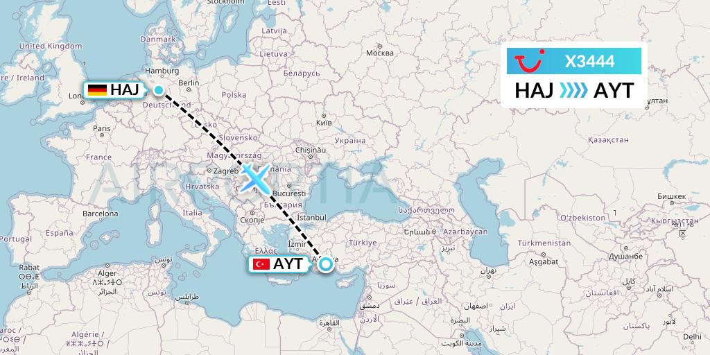 X3444 TUI fly Germany Flight Map: Hannover to Antalya