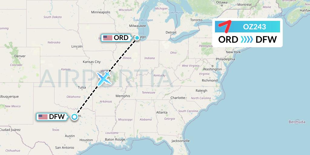 OZ243 Asiana Airlines Flight Map: Chicago to Dallas