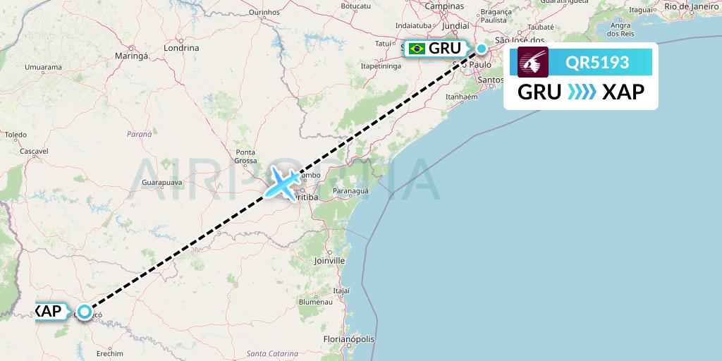 QR5193 Qatar Airways Flight Map: Sao Paulo to Chapeco