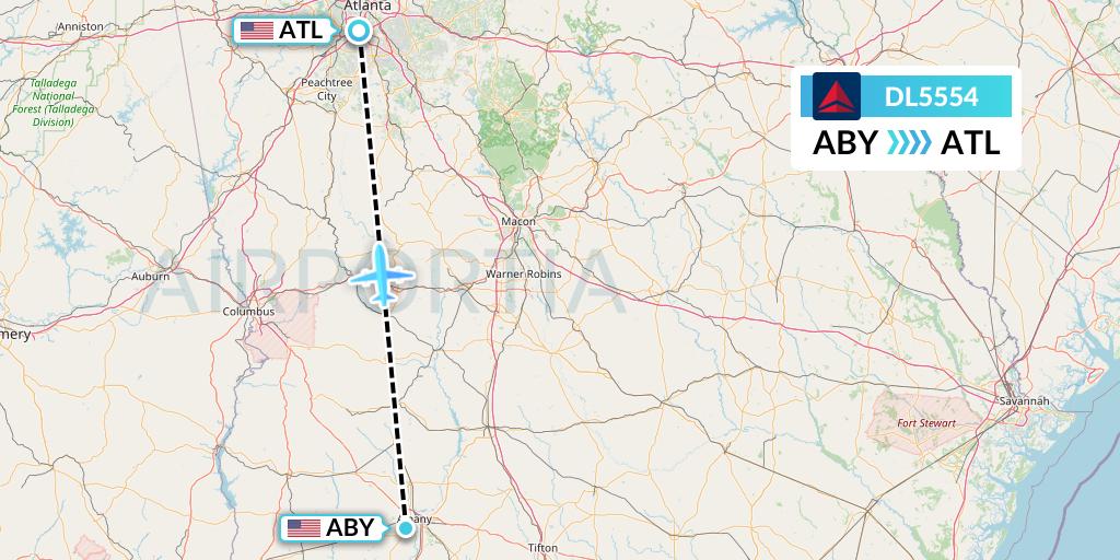 DL5554 Delta Air Lines Flight Map: Albany to Atlanta